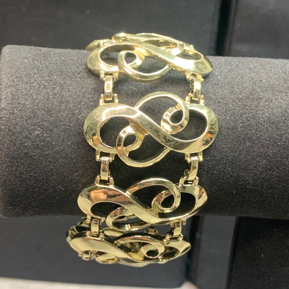 Gold Tone Scroll Infinity Link Statement Bracelet Polished Openwork 7 Inch